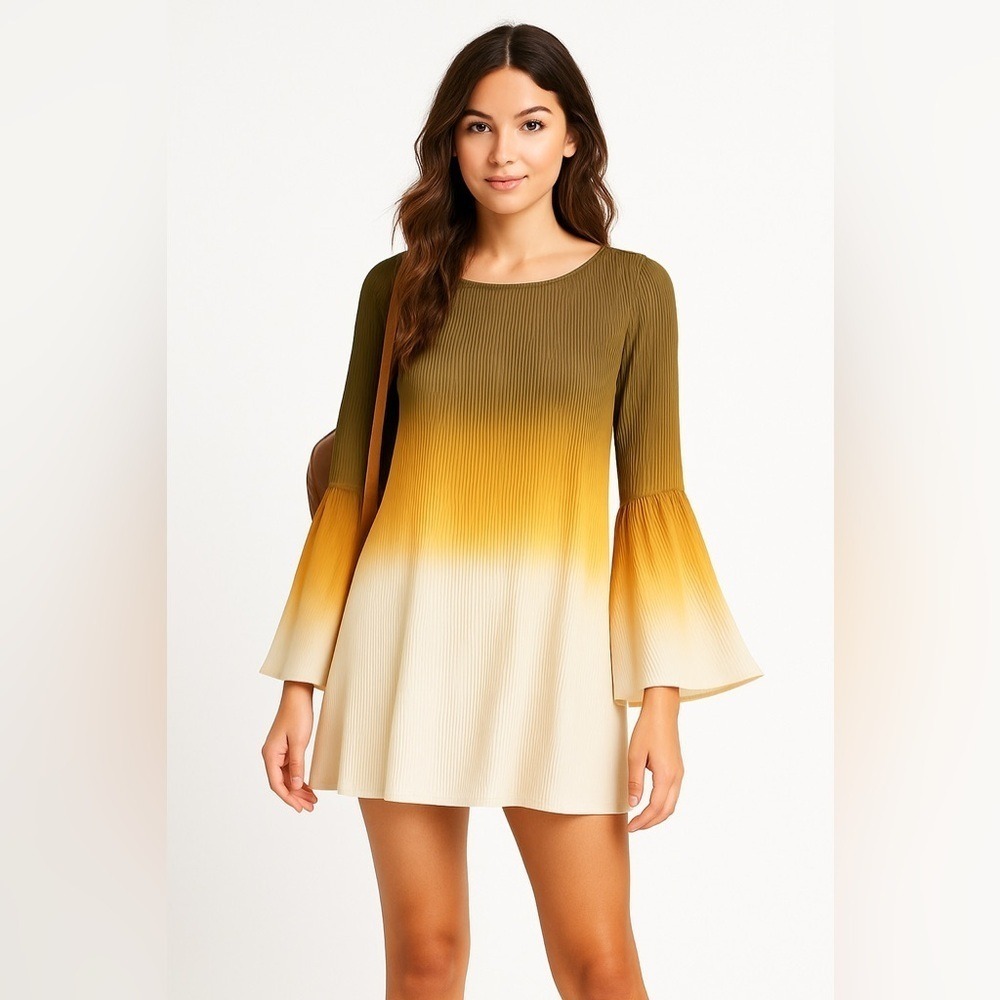 Love‎ Riche Ombre Pleated Mini Dress Bell Sleeve Green Yellow Size S
